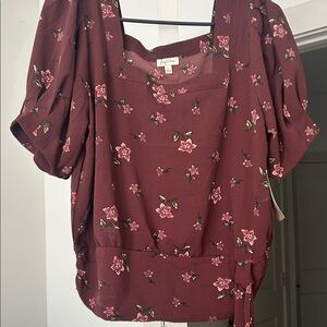 Lily White Maroon Floral Square Neck Puff Sleeve Top